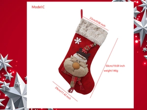 Detail showing the 50cm Christmas stocking size with 3D reindeer and plush trim
