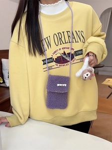 Purple fleece crossbody phone bag for women with cute monkey keychain and purple strap