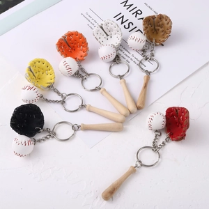 Three-piece baseball keychain set featuring a mini PU leather glove, wooden bat and ball