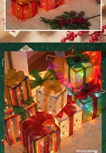 Detailed view of LED Christmas gift box decorations with velvet bows and warm pine cones