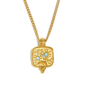 18K gold plated stainless steel necklace with sun and star square relief pendant