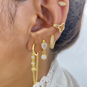 Elegant Copper Zirconia Earrings Jewelry Collection Micro Pave Tassel Chain Clover Eye Shape Stud Hoop Earrings For Women