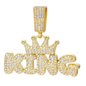 Golden crown KING pendant necklace with shimmering crystal rhinestones on white backdrop