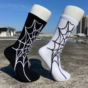 Chaussettes mi-mollet en coton unisexes avec motifs de toile d'araignée noir et blanc