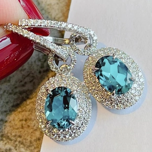 Leverback Earrings With Oval Blue Faux Sapphire Copper And Shiny Cubic Zirconia Elegant Formal Party Jewelry For Women
