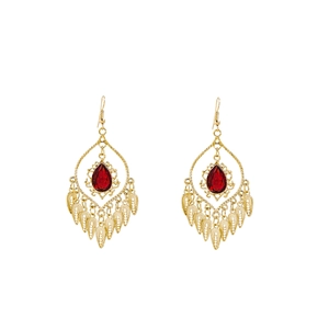 Vintage gold drop earrings with red teardrop stone and bohemian leaf fringe charms