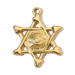 Detailed view of a gold-toned stainless steel hexagram bone pendant with all-seeing eye