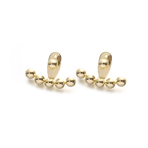 Polished gold spherical stud earrings with five-bead curved ear jackets on white background