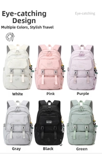 Detailed grid view of high-capacity student backpacks in six vibrant colors with cute charms