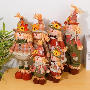 Scarecrow Doll Harvest Decoration Cloth Fabric Straw Sunflower Maple Leaf Fall Theme Autumn Home Desktop Ornament Figurine