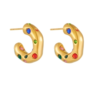Boucles d'oreilles C vintage plaquées or 18K en acier inoxydable avec zircons colorés
