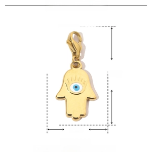 Detailed view of golden Hamsa Hand pendant dimensions in stainless steel and blue enamel