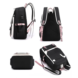 Vista multi-angolo zaino in nylon nero con porta USB e dettagli in cinghia sport