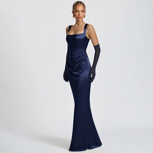 Detailed view of deep blue satin evening gown with corset boning and long gloves