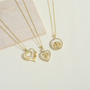 Golden heart and round MOM pendants with mother-child silhouette and shell inlay