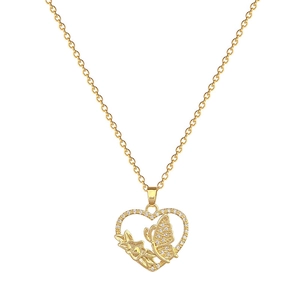 Luxurious gold titanium steel heart pendant necklace with crystal butterfly and flowers