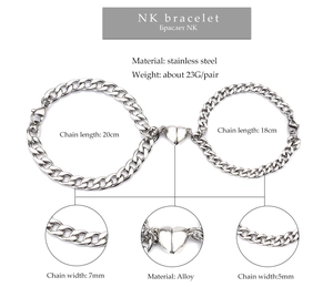 Detail of stainless steel Cuban link bracelets showing magnetic heart clasp and dimensions