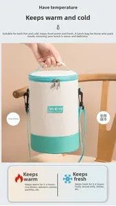 Detail view of cylindrical insulated lunch bag with shoulder strap and thermal lining