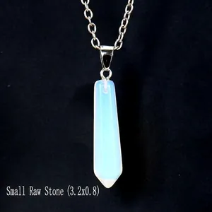 Detail of small hexagonal opalite pendant measuring 3.2x0.8 cm on a silver chain