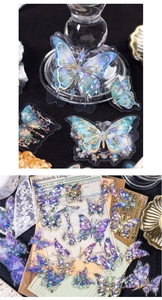 Macro shot of 3D laser butterfly PET stickers with holographic effects on vintage paper