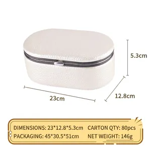 Portable white PU leather oval jewelry box with silver clasp and pebble texture