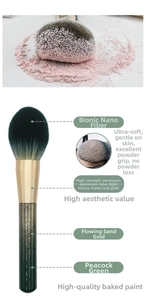 Macro detail of bionic nano-fiber bristles and rose gold aluminum ferrule on makeup brush
