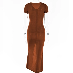 Rear view of brown short sleeve maxi dress showing textured fabric and slim fit design