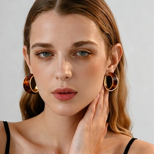 Detail of tortoiseshell resin hoop earring with gold metal trim worn by a model