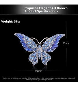 Detailed view of large blue crystal butterfly brooch measuring 90mm by 55mm on black background