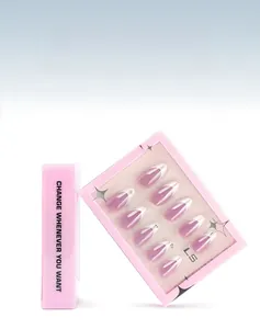 Detail of 30-piece French style press-on nails in pink box with almond shape design