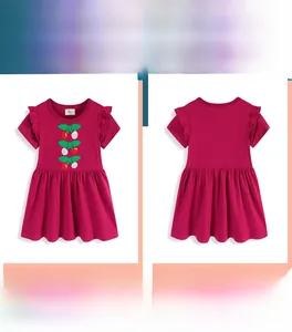 Detailed flat view of girls short sleeve summer dress with cherry embroidery and ruffles