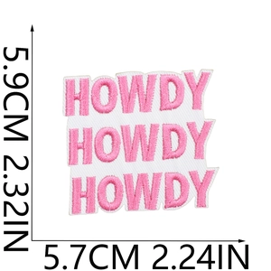 Detailed close-up of pink HOWDY embroidered patch with precise size dimensions
