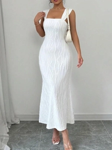 Detail of white square neck sleeveless maxi dress with wave textured jacquard fabric