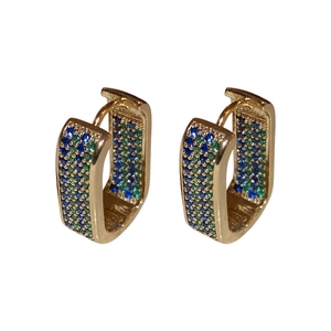 Elegant gold square earrings with pavé blue and green crystals in a geometric design