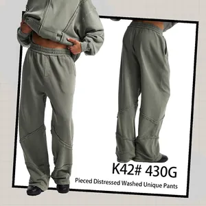 Graugrüne 430G schwere Baumwollhose mit Patchwork-Waschung und weitem Beinschnitt