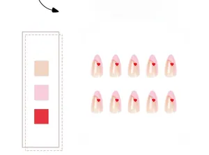 Macro shot of 10 long almond press-on nails with pink French tips and red heart accents