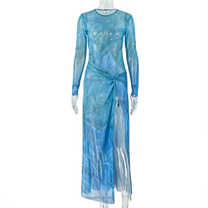 Close-up of blue mesh long sleeve dress featuring golden leaf texture and side slit detail