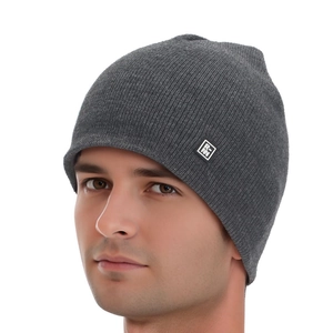 Detailed knit texture of dark grey ribbed beanie with small side label patch