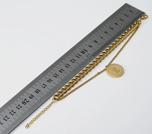 Measurement of 18K gold double-layer Cuban chain bracelet with Queen Elizabeth coin charm