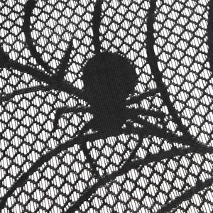 Macro shot of black lace Halloween table runner featuring spiderweb and spider patterns
