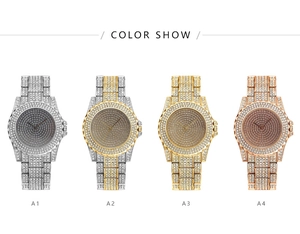 Detailed color show of iced-out quartz watches in silver, gold, and rose gold finishes
