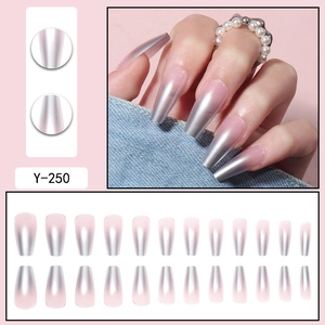 Silver gradient ballet coffin press-on nails with shimmering pearlescent pink finish