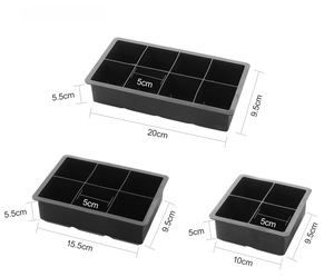 Trois tailles de moules à glaçons carrés en silicone noir avec dimensions détaillées