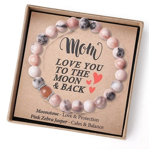 Moonstone and Pink Zebra Jasper beaded bracelet gift set in a kraft box for Mom