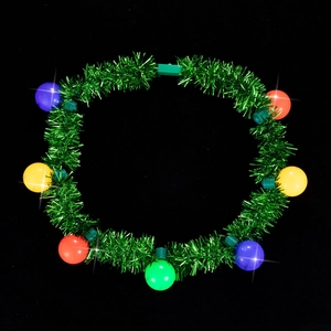 Green Christmas tinsel wreath necklace with colorful glowing LED bulbs for party props