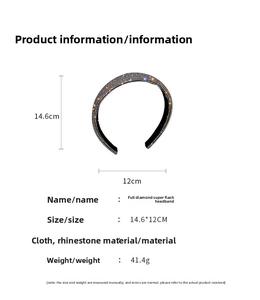 Detail view of rhinestone headband specifications with size measurements and materials