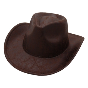 Vintage dark brown western cowboy hat with distressed leather texture and wide brim
