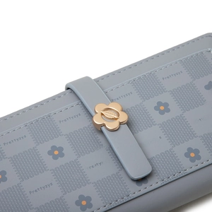 Grey-blue PU leather long wallet featuring floral prints and a gold flower metal clasp
