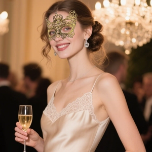 Detailed close-up of a golden lace masquerade mask with ornate crown styling