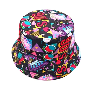 90s retro reversible bucket hat with colorful pop art prints and graffiti patterns